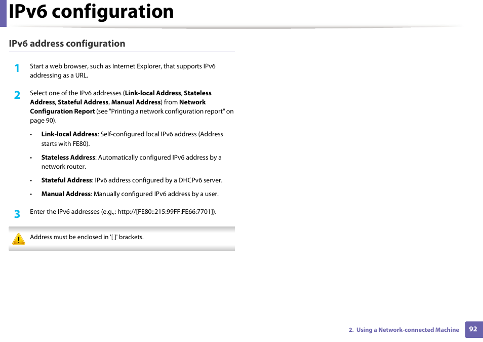 Ipv6 configuration, Ipv6 address configuration | Samsung SL-M2020W-XAA User Manual | Page 92 / 199