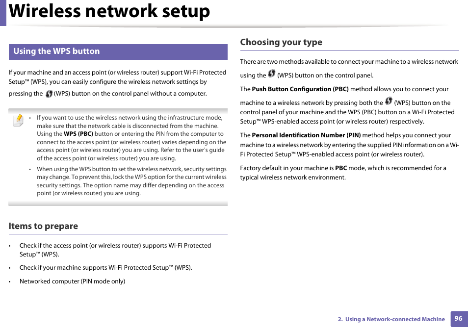 Wireless network setup, Items to prepare, Choosing your type | Using the wps button | Samsung SL-M2020W-XAA User Manual | Page 96 / 199