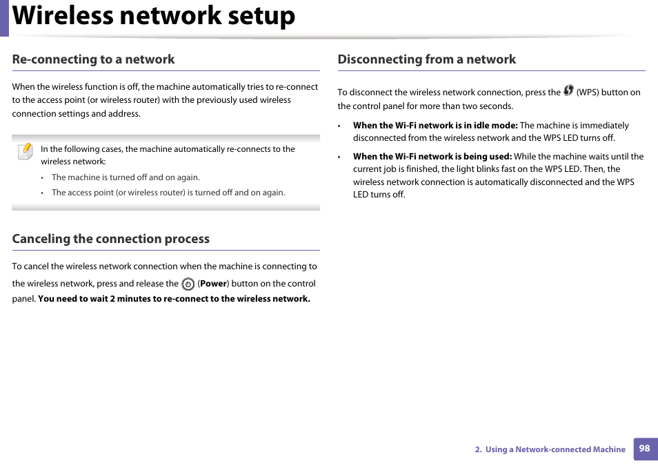 Wireless network setup, Re-connecting to a network, Canceling the connection process | Disconnecting from a network | Samsung SL-M2020W-XAA User Manual | Page 98 / 199