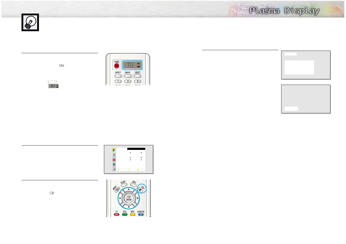 Turning the pdp on and off, Viewing the menus and displays | Samsung SPN4235X-XAA User Manual | Page 16 / 50