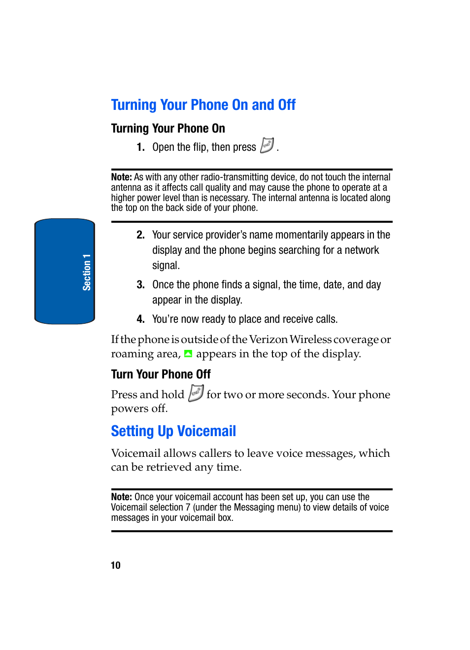 Turning your phone on and off, Turning your phone on, Turn your phone off | Setting up voicemail, Turning your phone on and off setting up voicemail | Samsung SCH-A950WRVXAR User Manual | Page 10 / 196