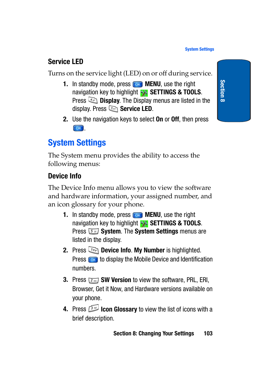 Service led, System settings, Device info | Samsung SCH-A950WRVXAR User Manual | Page 103 / 196