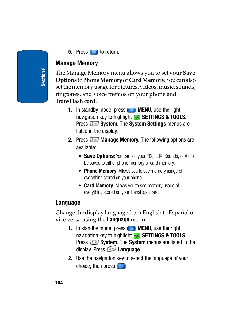Manage memory, Language | Samsung SCH-A950WRVXAR User Manual | Page 104 / 196