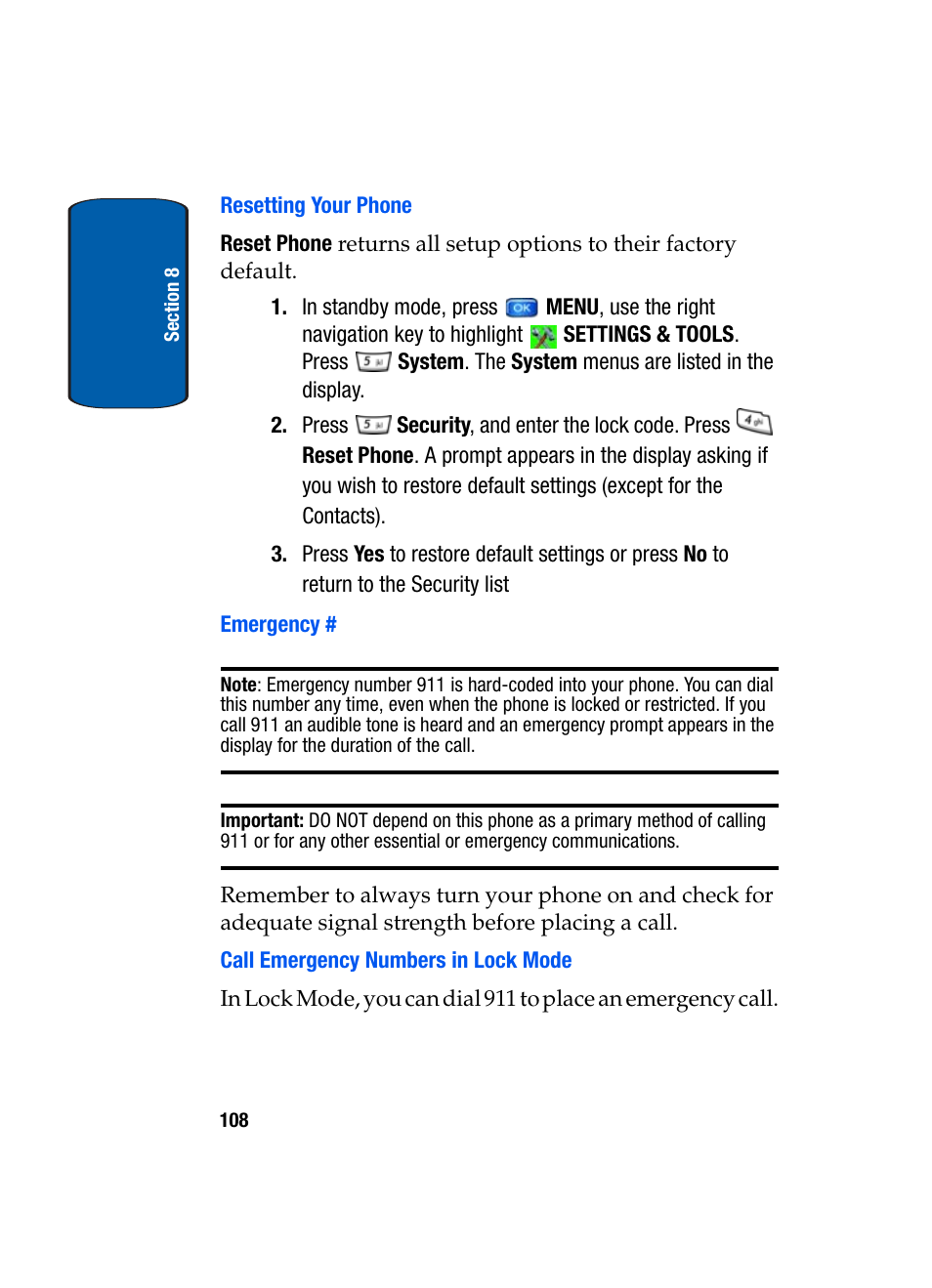 Resetting your phone, Emergency, Call emergency numbers in lock mode | Samsung SCH-A950WRVXAR User Manual | Page 108 / 196