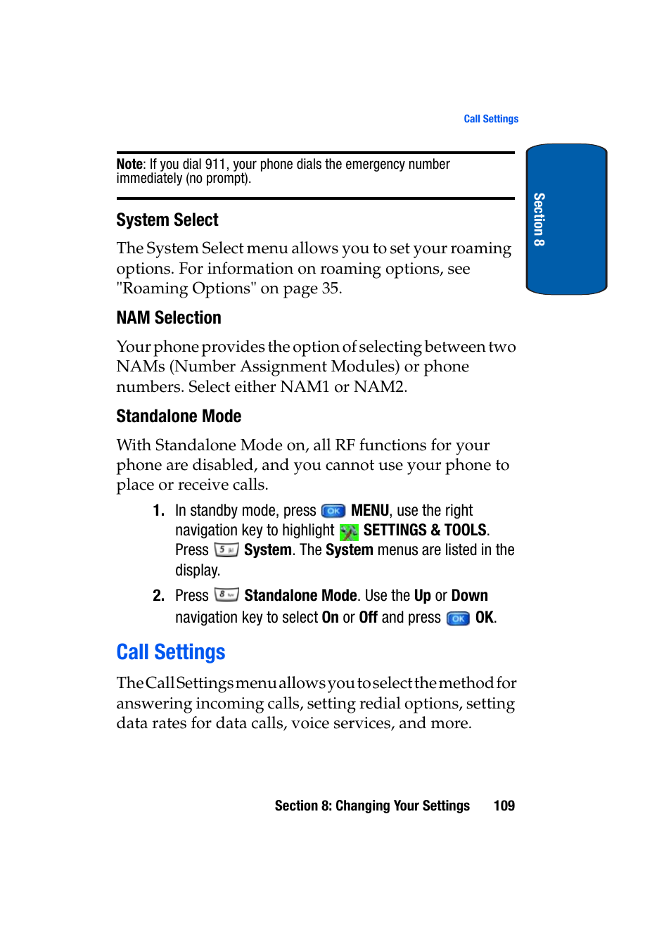 System select, Nam selection, Standalone mode | Call settings | Samsung SCH-A950WRVXAR User Manual | Page 109 / 196