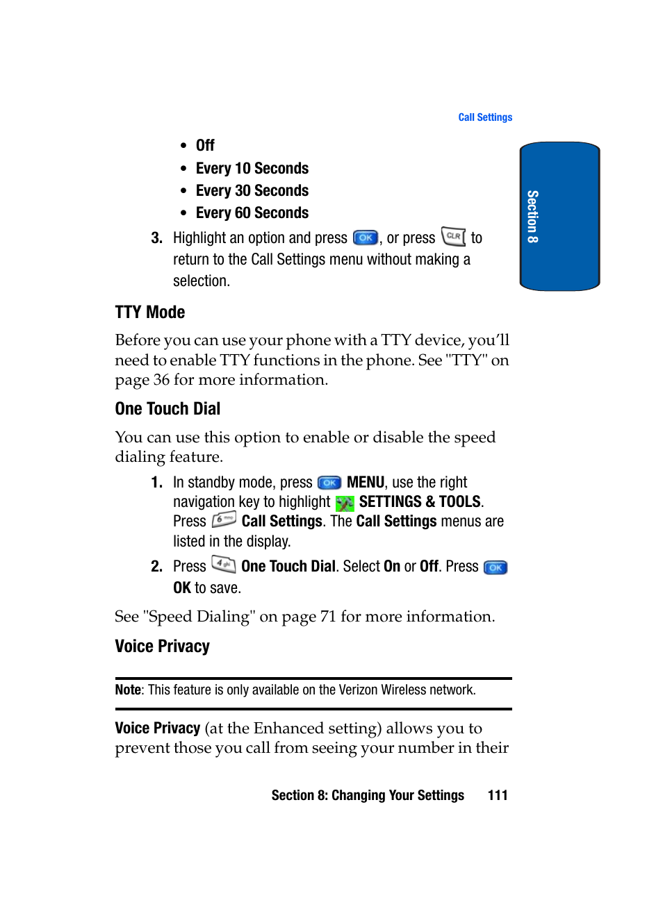 Tty mode, One touch dial, Voice privacy | Samsung SCH-A950WRVXAR User Manual | Page 111 / 196