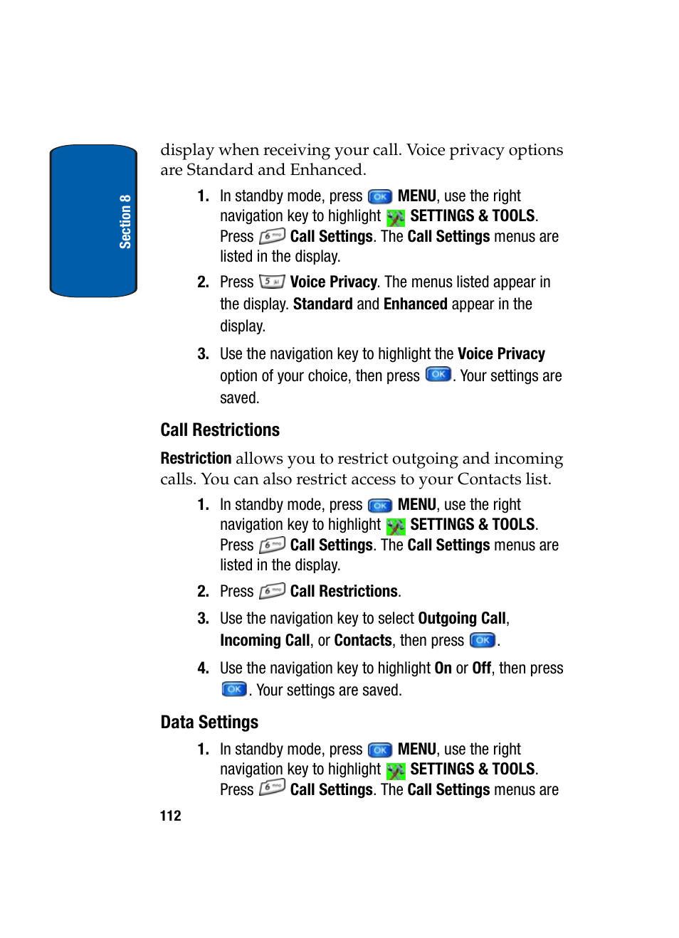 Call restrictions, Data settings | Samsung SCH-A950WRVXAR User Manual | Page 112 / 196
