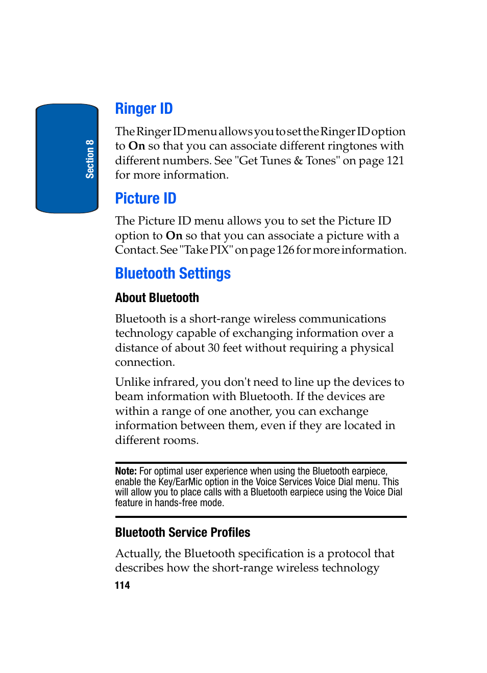 Ringer id, Picture id, Bluetooth settings | About bluetooth, Bluetooth service profiles, Ringer id picture id bluetooth settings | Samsung SCH-A950WRVXAR User Manual | Page 114 / 196