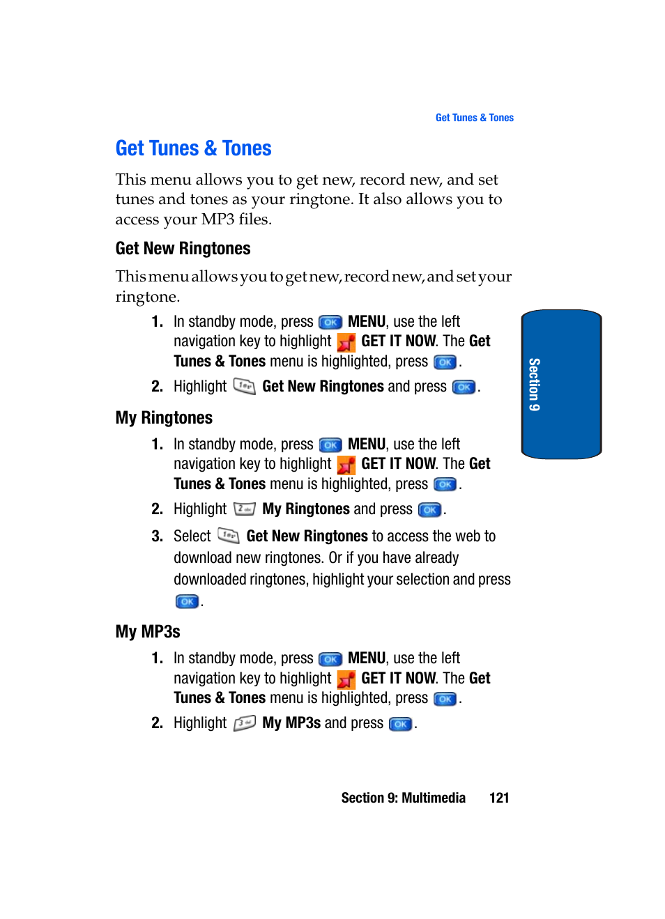Get tunes & tones, Get new ringtones, My ringtones | My mp3s | Samsung SCH-A950WRVXAR User Manual | Page 121 / 196