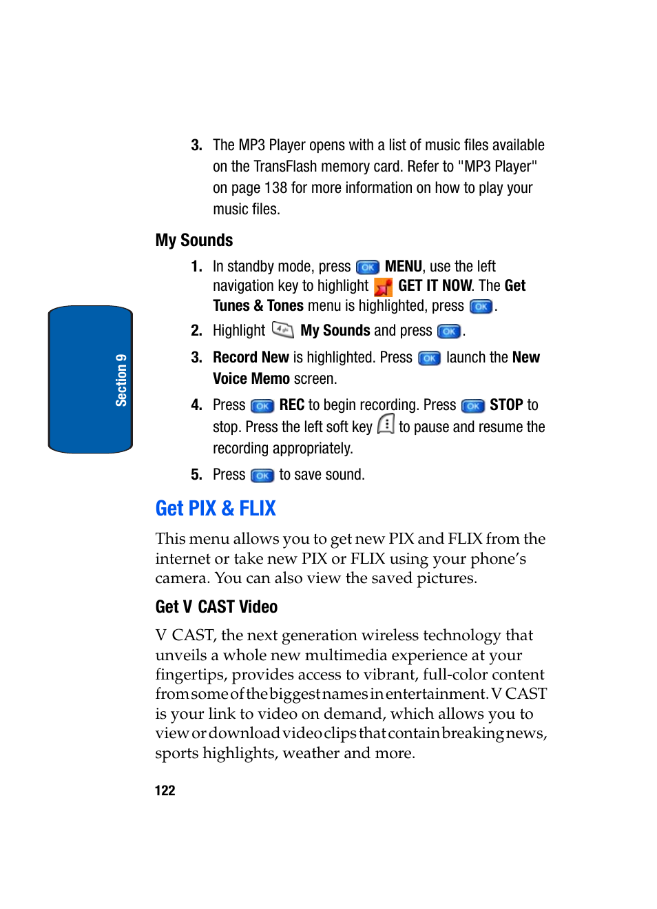 My sounds, Get pix & flix, Get v cast video | Samsung SCH-A950WRVXAR User Manual | Page 122 / 196