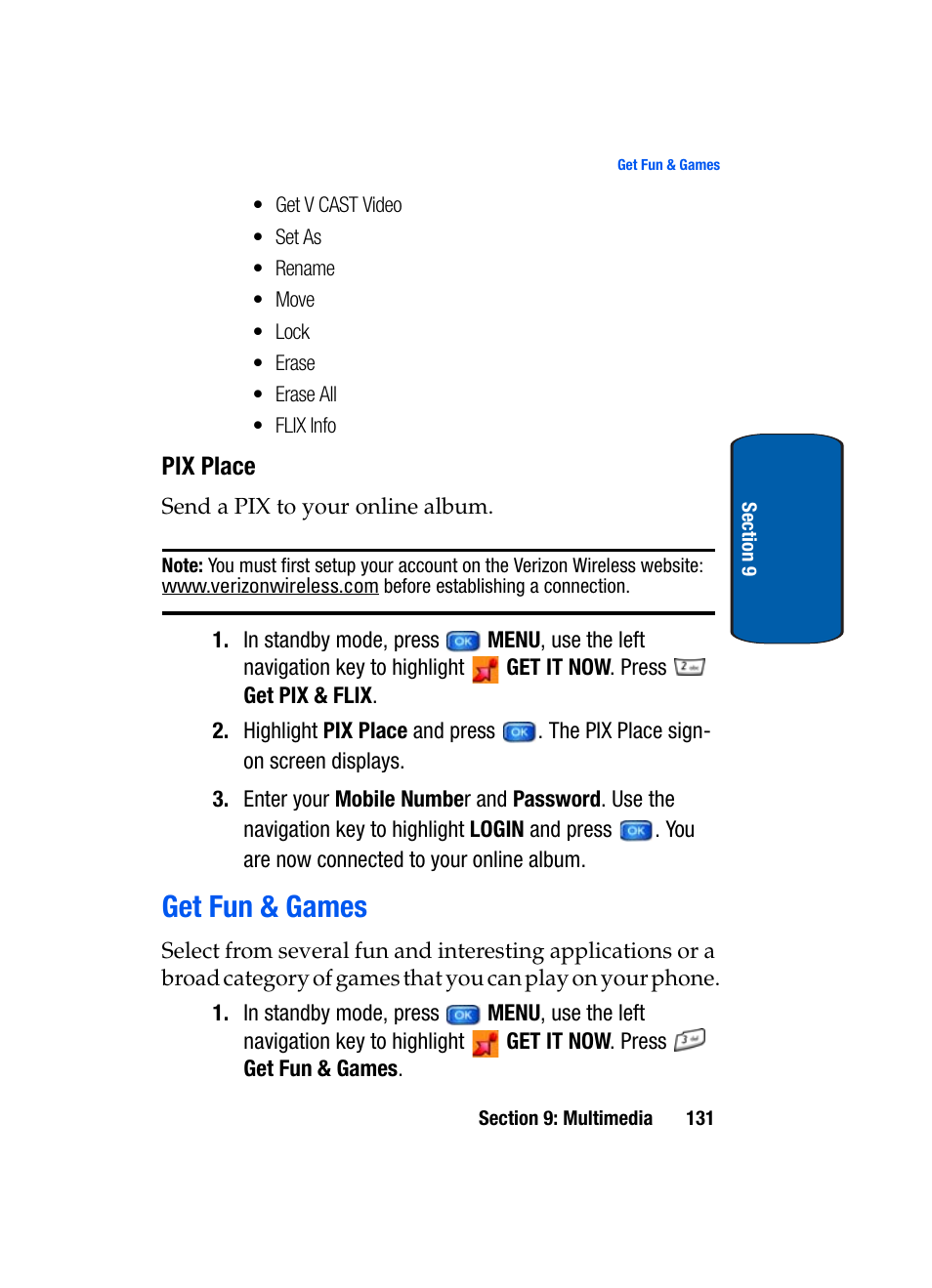 Pix place, Get fun & games | Samsung SCH-A950WRVXAR User Manual | Page 131 / 196