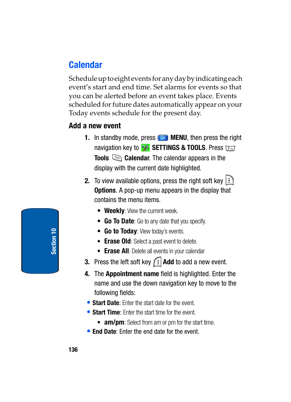 Calendar, Add a new event | Samsung SCH-A950WRVXAR User Manual | Page 136 / 196