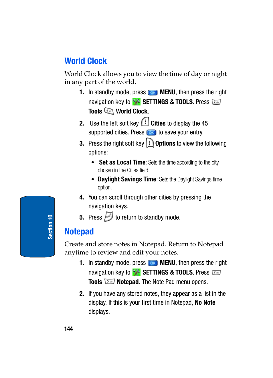 World clock, Notepad, World clock notepad | Samsung SCH-A950WRVXAR User Manual | Page 144 / 196