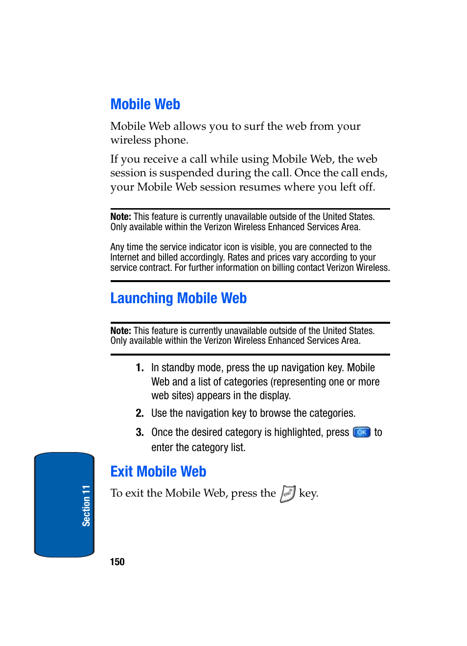 Mobile web, Launching mobile web, Exit mobile web | Mobile web launching mobile web exit mobile web | Samsung SCH-A950WRVXAR User Manual | Page 150 / 196