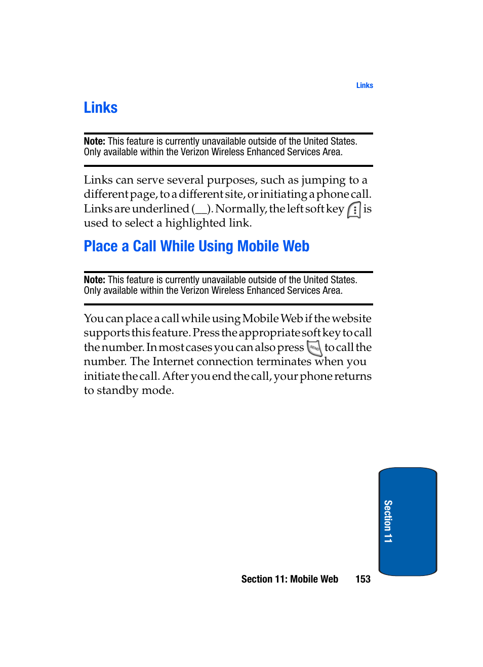 Links, Place a call while using mobile web, Links place a call while using mobile web | Samsung SCH-A950WRVXAR User Manual | Page 153 / 196