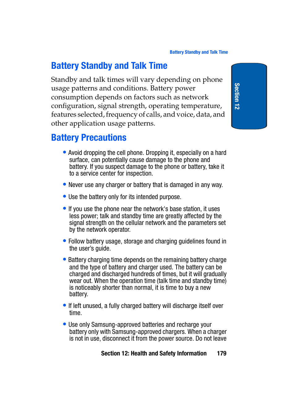Battery standby and talk time, Battery precautions, Battery standby and talk time battery precautions | Samsung SCH-A950WRVXAR User Manual | Page 179 / 196