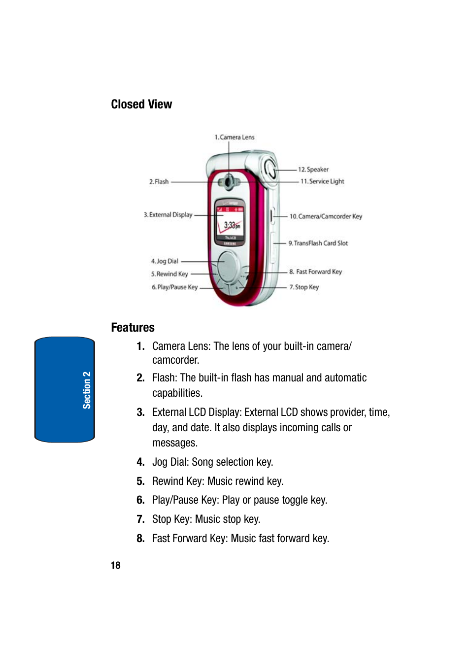 Closed view, Features | Samsung SCH-A950WRVXAR User Manual | Page 18 / 196