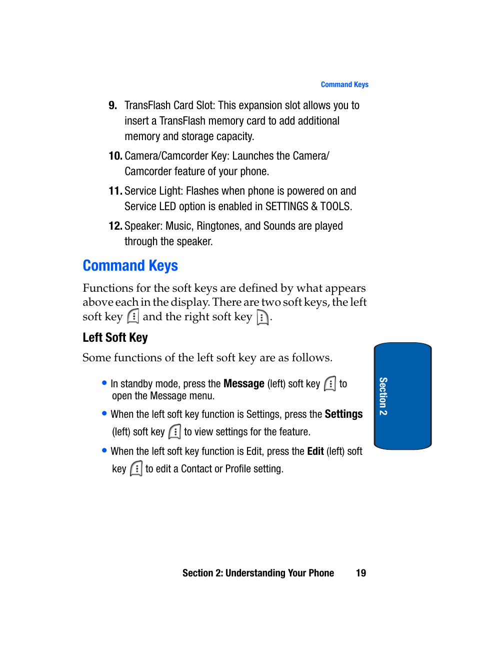 Command keys, Left soft key | Samsung SCH-A950WRVXAR User Manual | Page 19 / 196