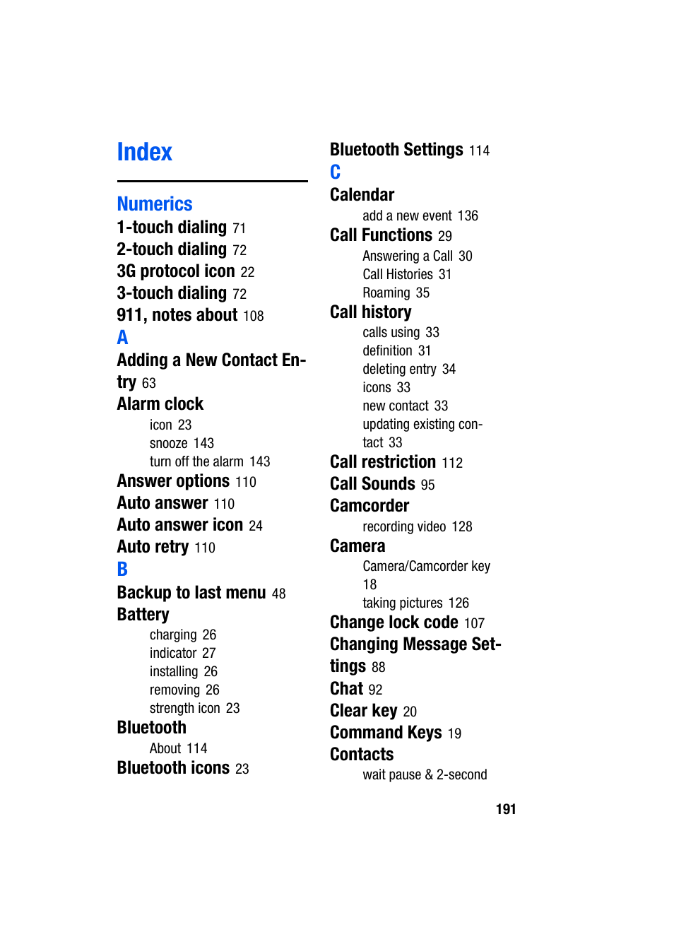 Index | Samsung SCH-A950WRVXAR User Manual | Page 191 / 196