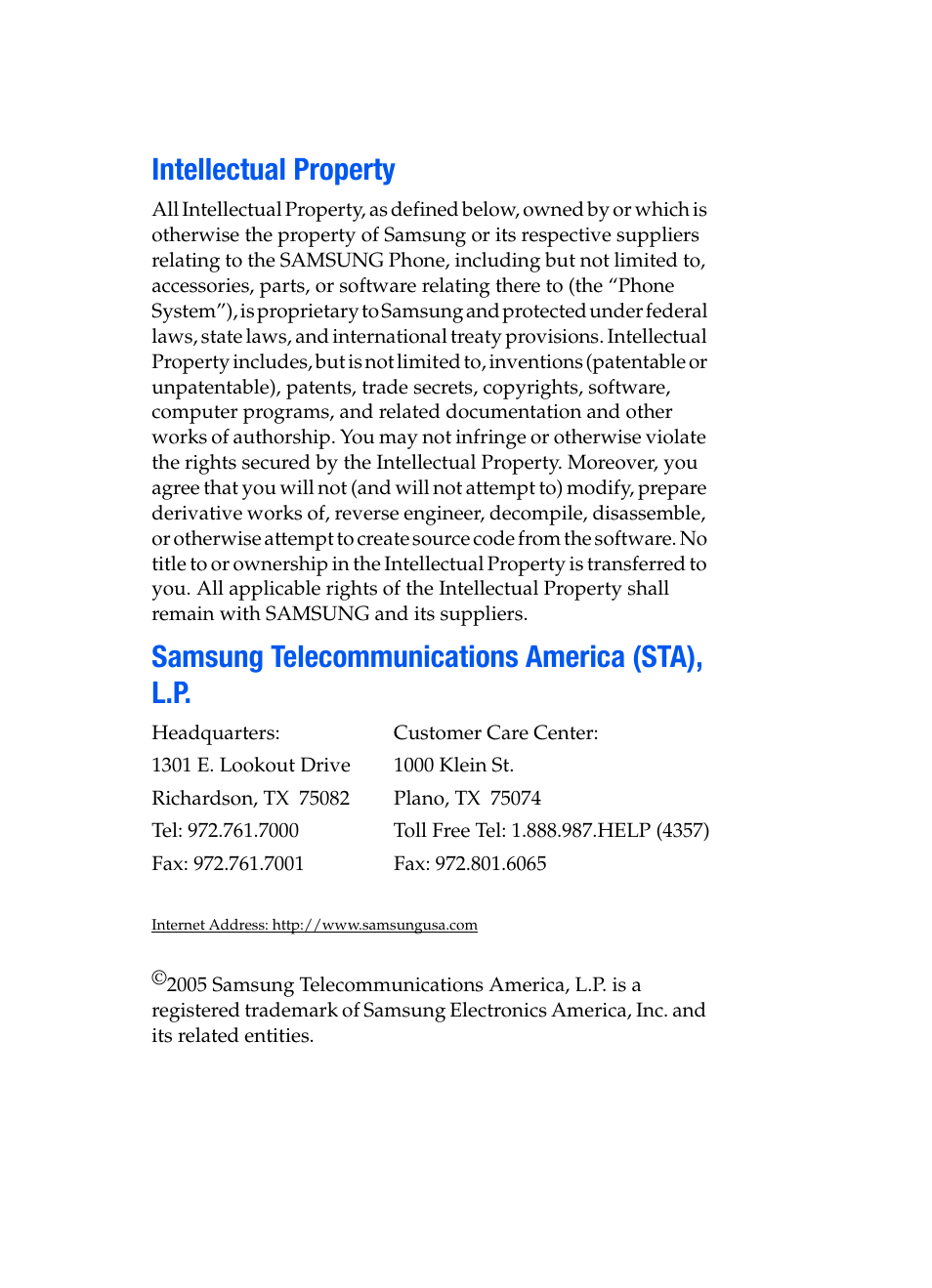 Intellectual property, Samsung telecommunications america (sta), l.p | Samsung SCH-A950WRVXAR User Manual | Page 2 / 196