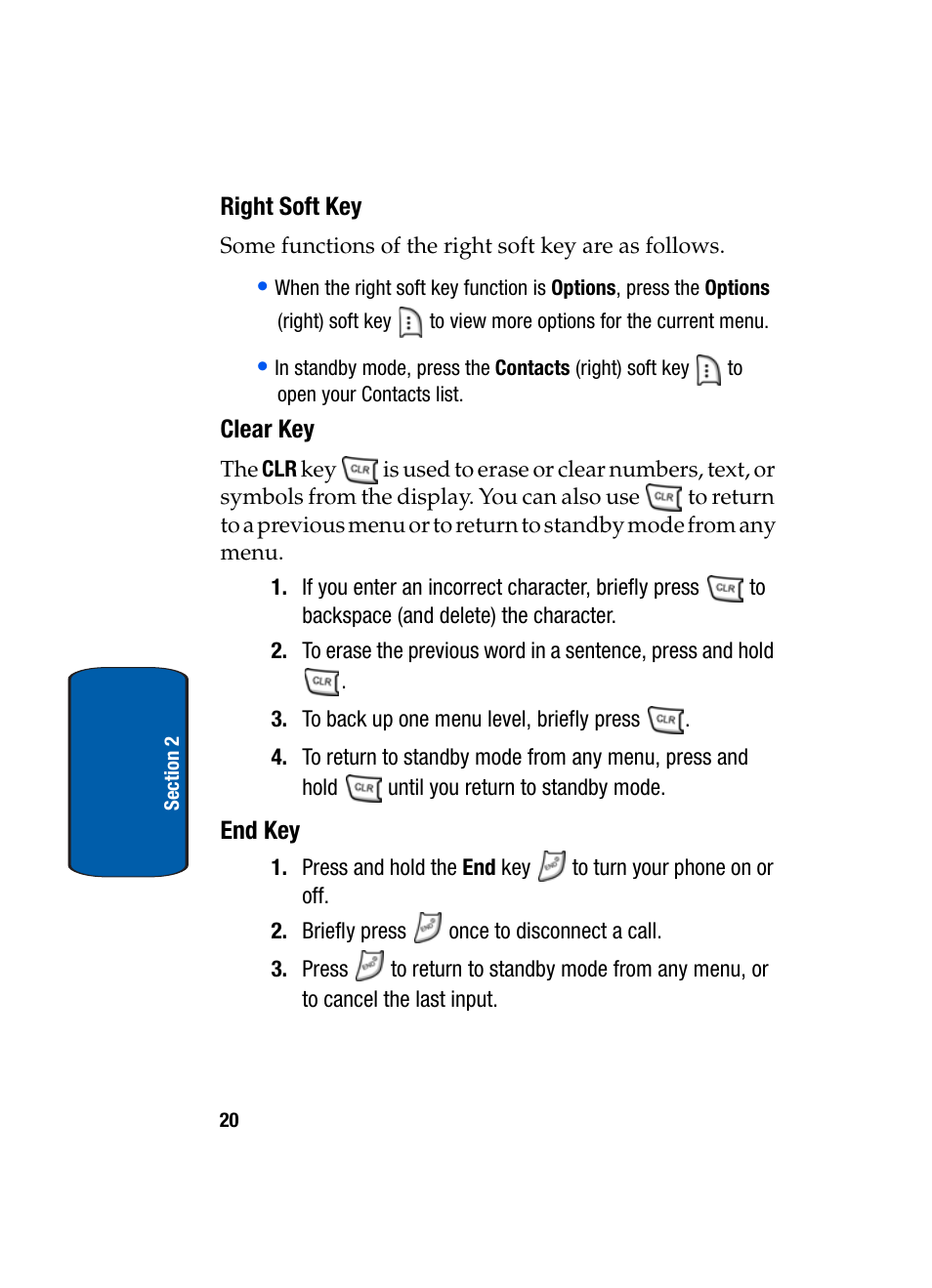 Right soft key, Clear key, End key | Samsung SCH-A950WRVXAR User Manual | Page 20 / 196