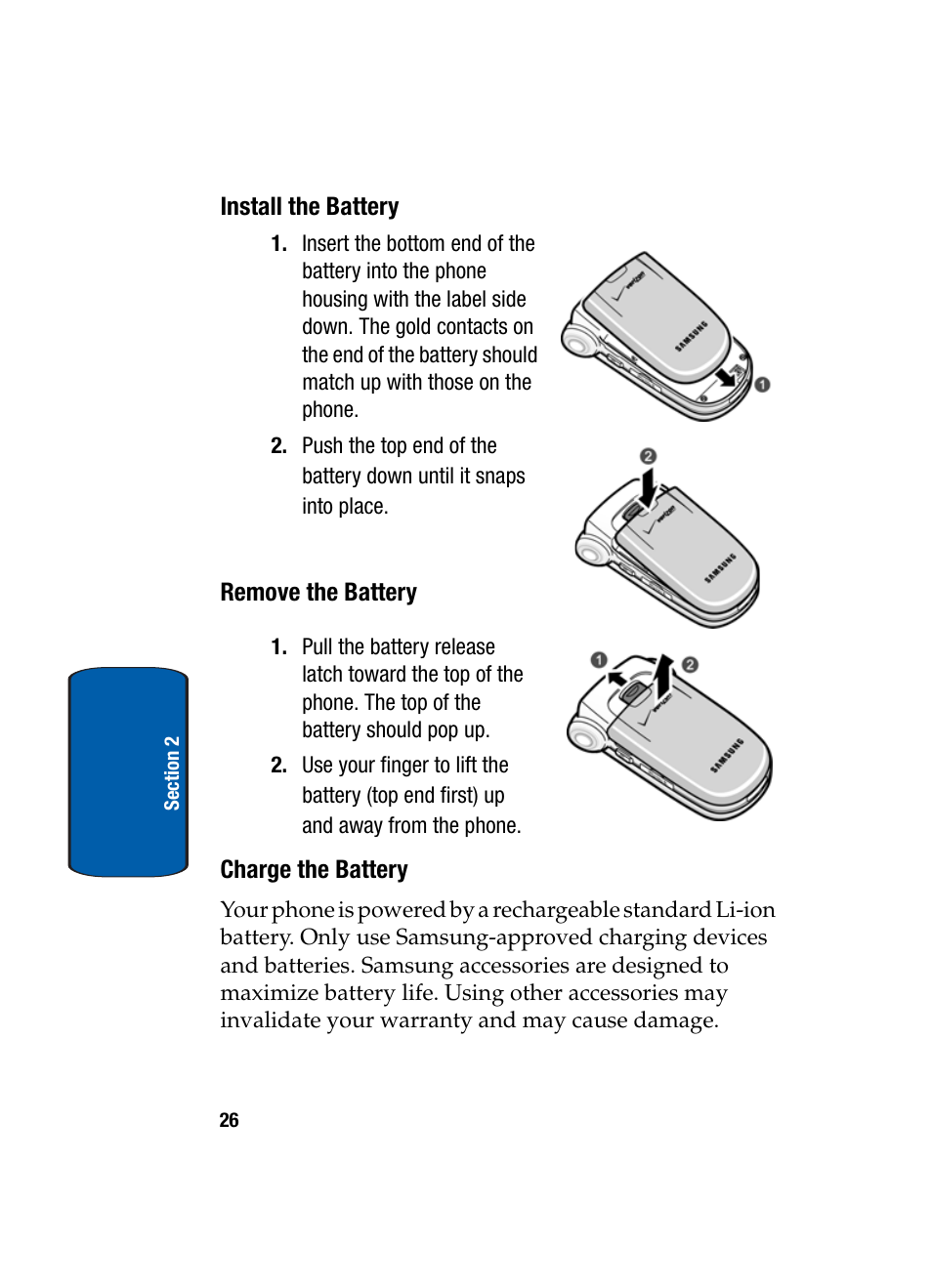 Install the battery, Remove the battery, Charge the battery | Samsung SCH-A950WRVXAR User Manual | Page 26 / 196