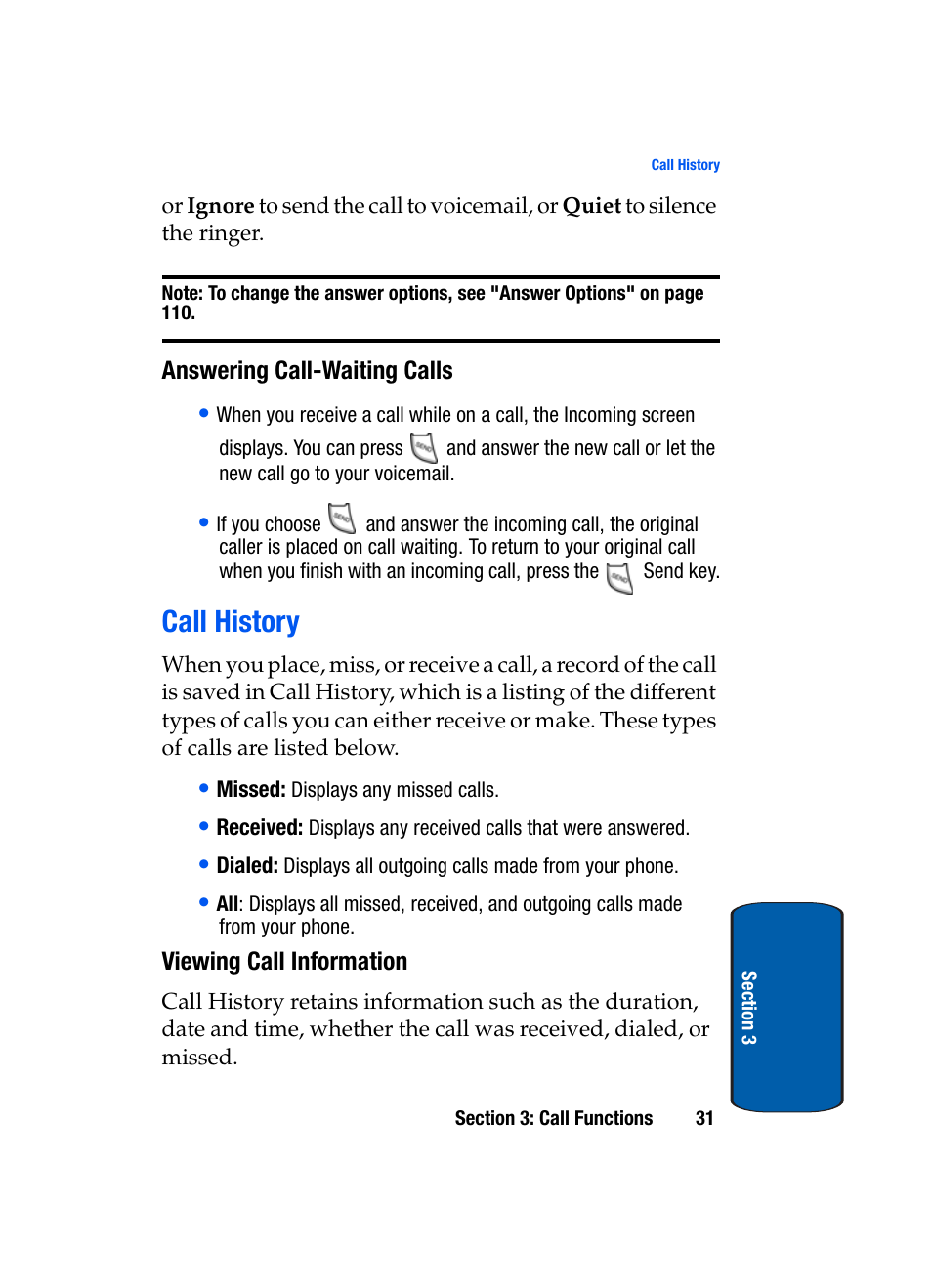 Answering call-waiting calls, Call history, Viewing call information | Samsung SCH-A950WRVXAR User Manual | Page 31 / 196