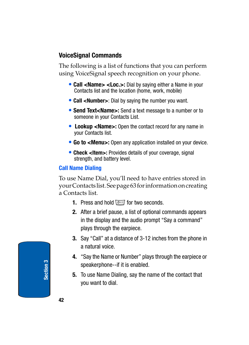 Voicesignal commands, Call name dialing | Samsung SCH-A950WRVXAR User Manual | Page 42 / 196