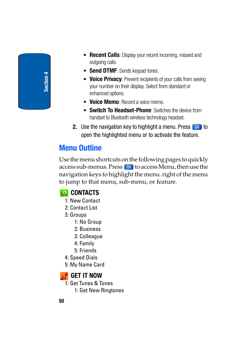 Menu outline, Contacts, Get it now | Samsung SCH-A950WRVXAR User Manual | Page 50 / 196