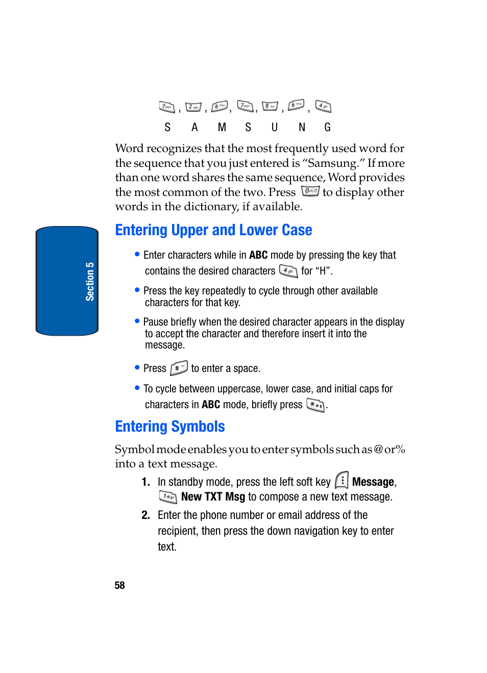 Entering upper and lower case, Entering symbols, Entering upper and lower case entering symbols | Samsung SCH-A950WRVXAR User Manual | Page 58 / 196