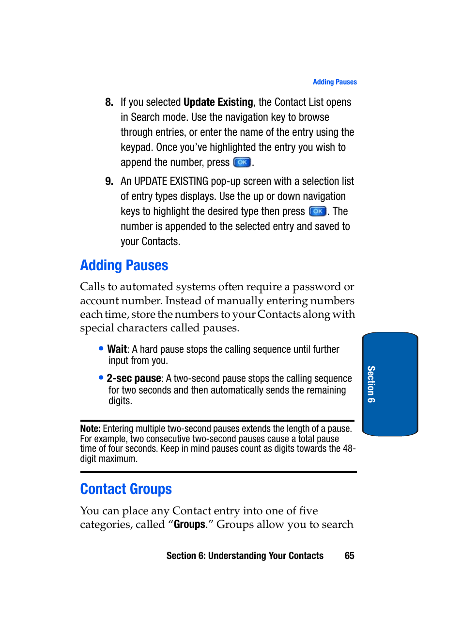 Adding pauses, Contact groups, Adding pauses contact groups | Samsung SCH-A950WRVXAR User Manual | Page 65 / 196