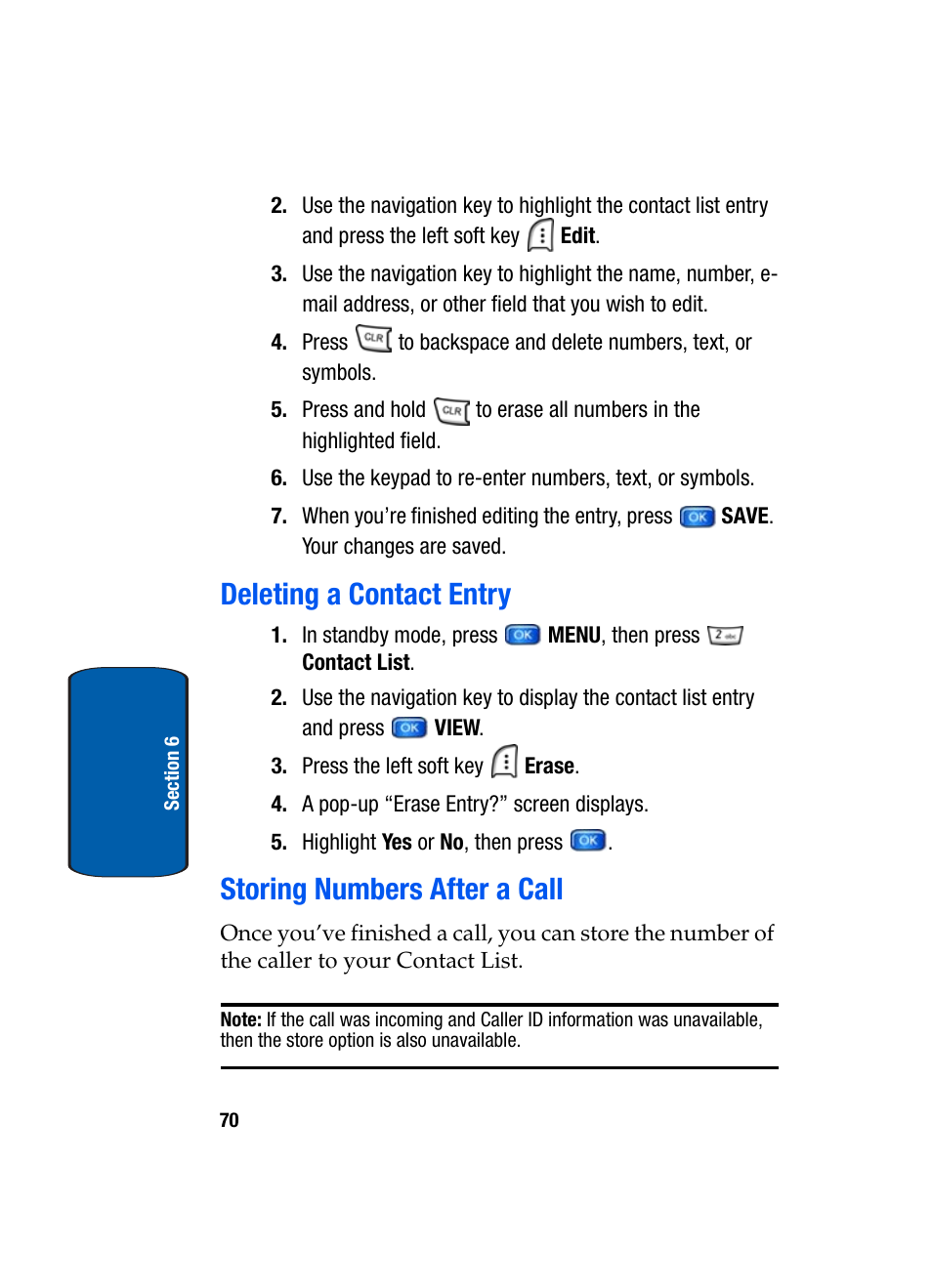 Deleting a contact entry, Storing numbers after a call | Samsung SCH-A950WRVXAR User Manual | Page 70 / 196