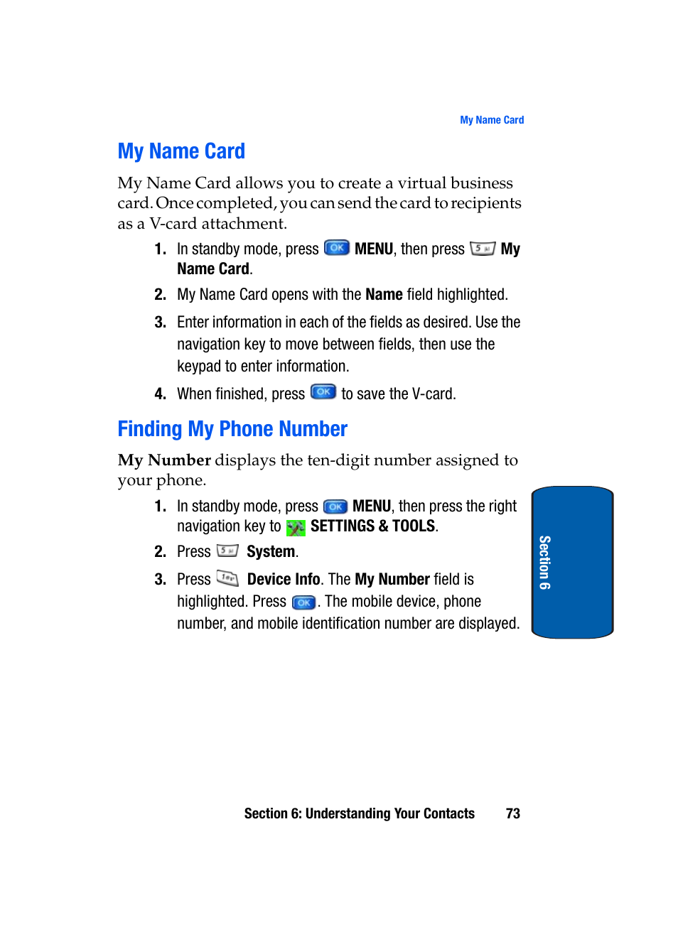 My name card, Finding my phone number, My name card finding my phone number | Samsung SCH-A950WRVXAR User Manual | Page 73 / 196