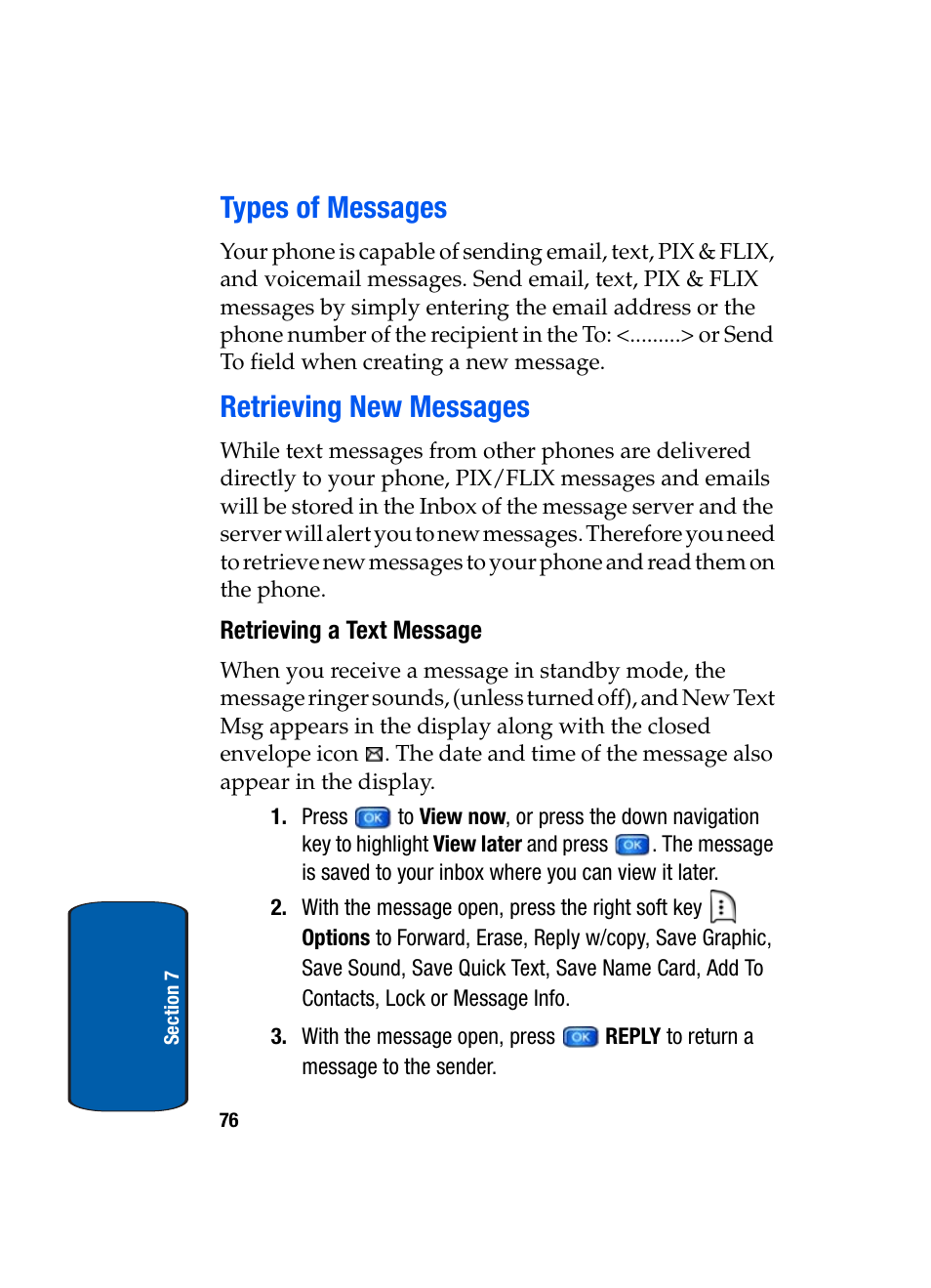 Types of messages, Retrieving new messages, Retrieving a text message | Types of messages retrieving new messages | Samsung SCH-A950WRVXAR User Manual | Page 76 / 196