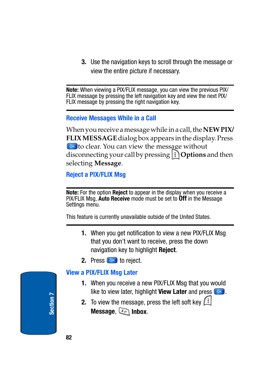 Receive messages while in a call, Reject a pix/flix msg, View a pix/flix msg later | Samsung SCH-A950WRVXAR User Manual | Page 82 / 196