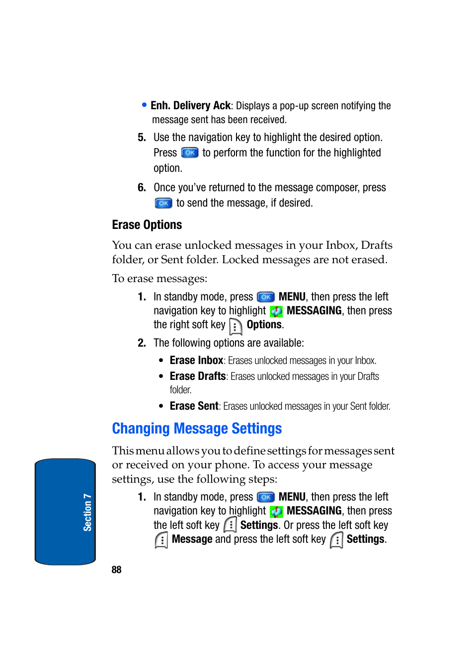 Erase options, Changing message settings | Samsung SCH-A950WRVXAR User Manual | Page 88 / 196