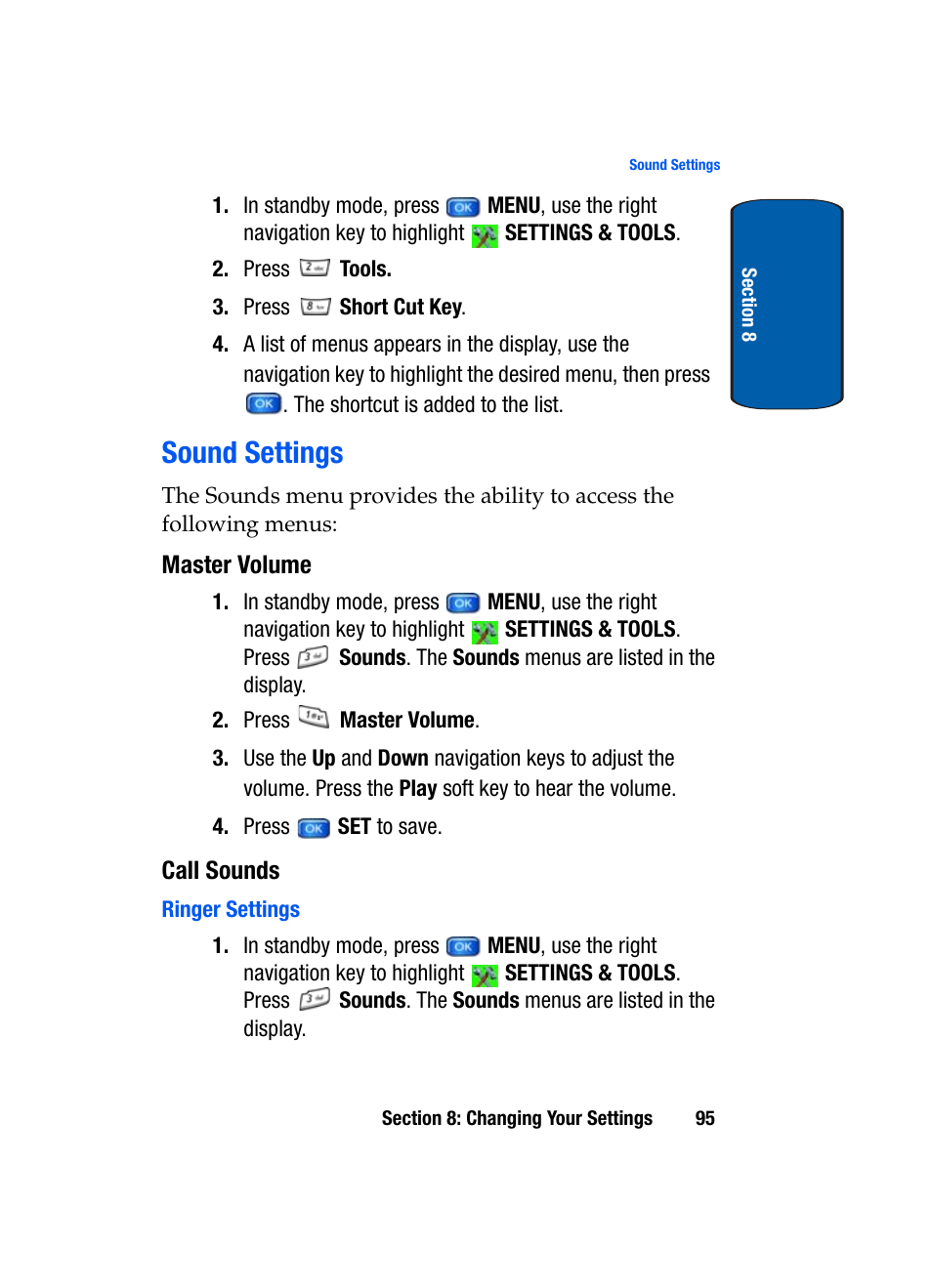 Sound settings, Master volume, Call sounds | Ringer settings | Samsung SCH-A950WRVXAR User Manual | Page 95 / 196