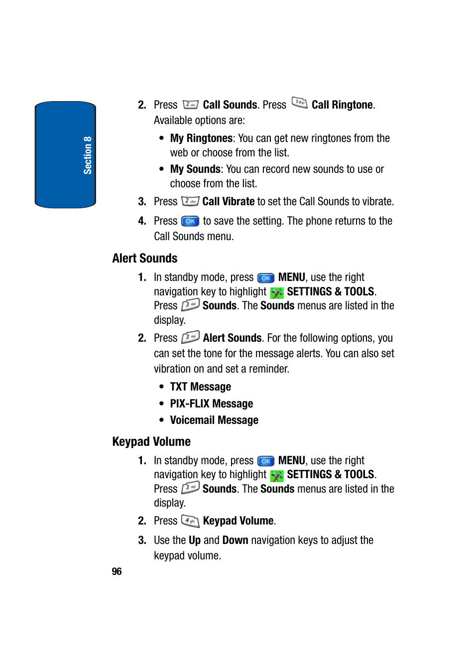 Alert sounds, Keypad volume | Samsung SCH-A950WRVXAR User Manual | Page 96 / 196
