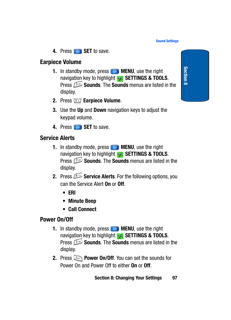 Earpiece volume, Service alerts, Power on/off | Samsung SCH-A950WRVXAR User Manual | Page 97 / 196