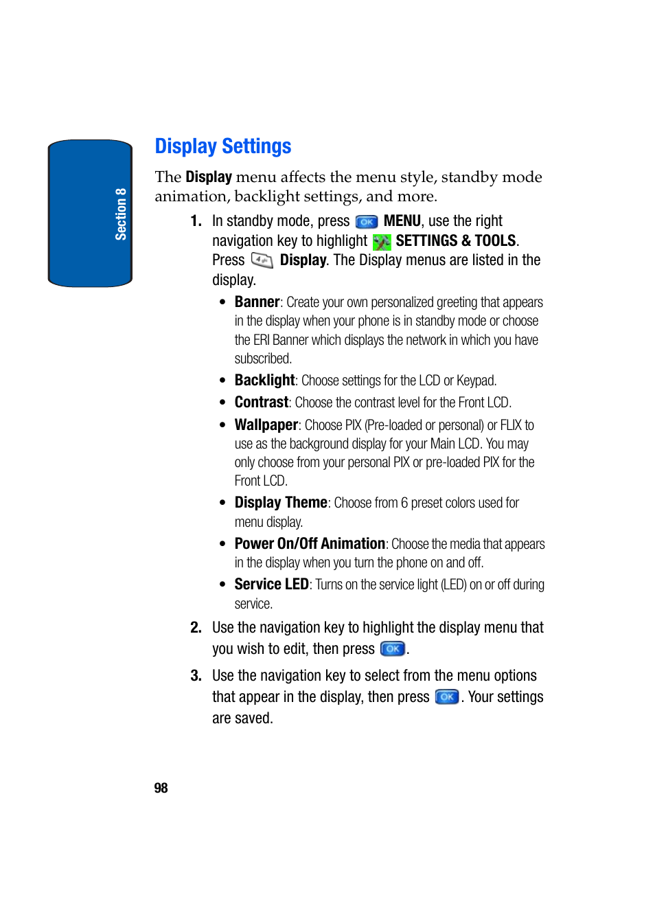 Display settings | Samsung SCH-A950WRVXAR User Manual | Page 98 / 196