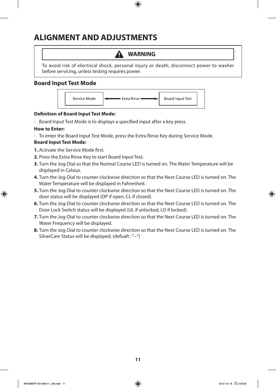 Alignment and adjustments, Board input test mode, Warning | Samsung WF395BTPARA-A2 User Manual | Page 11 / 72