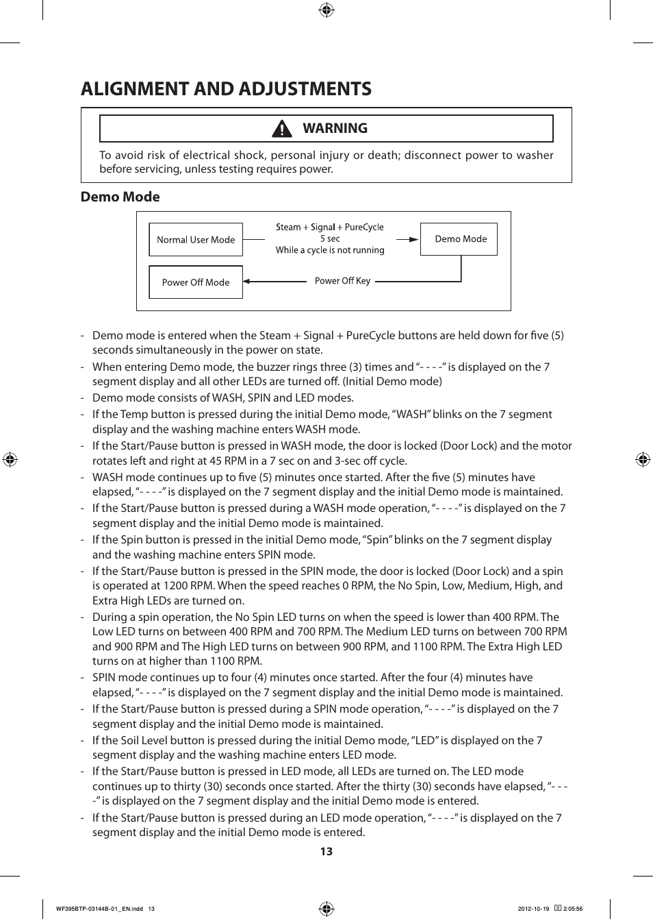 Alignment and adjustments, Demo mode, Warning | Samsung WF395BTPARA-A2 User Manual | Page 13 / 72