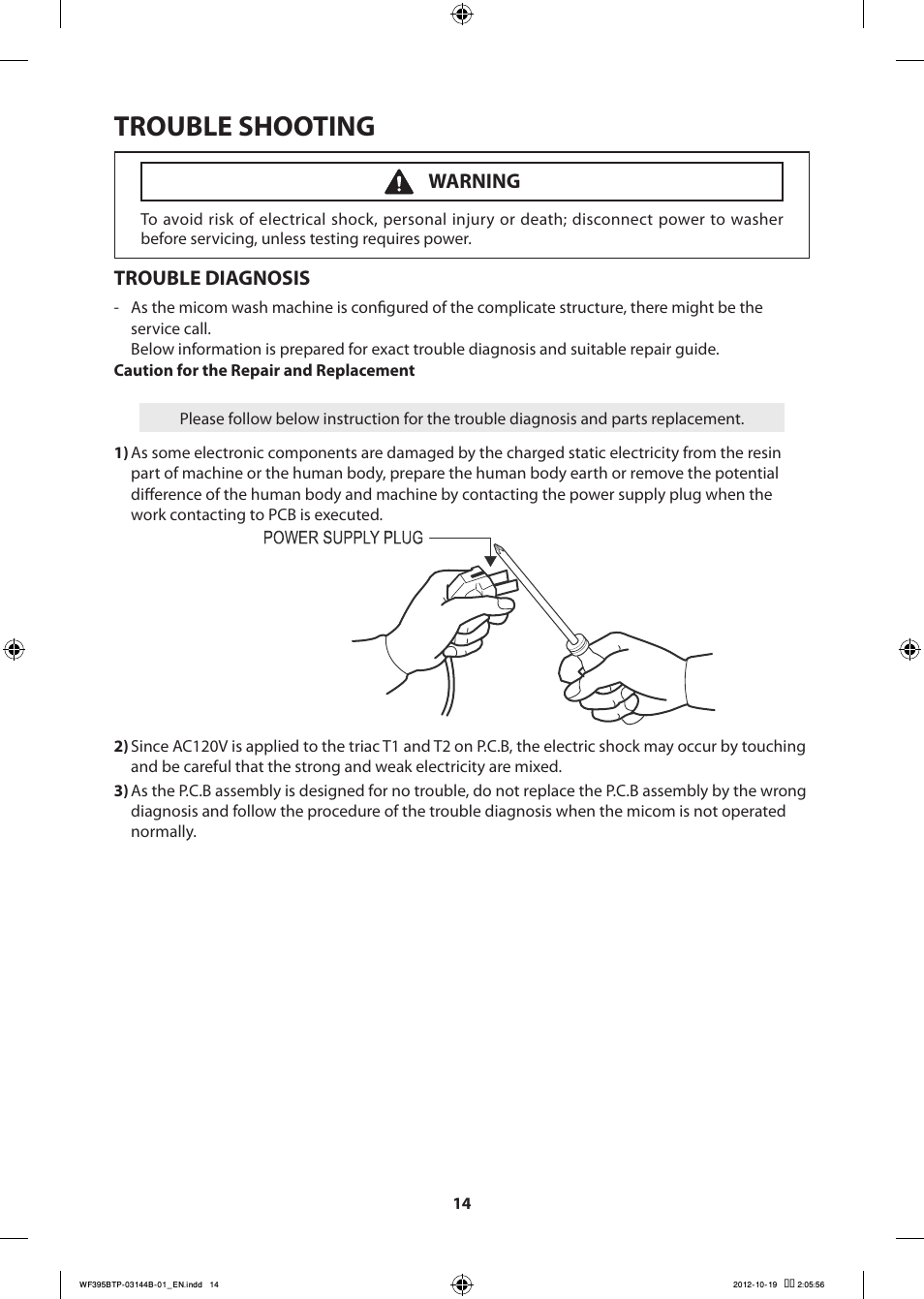 Trouble shooting, Trouble diagnosis, Warning | Samsung WF395BTPARA-A2 User Manual | Page 14 / 72