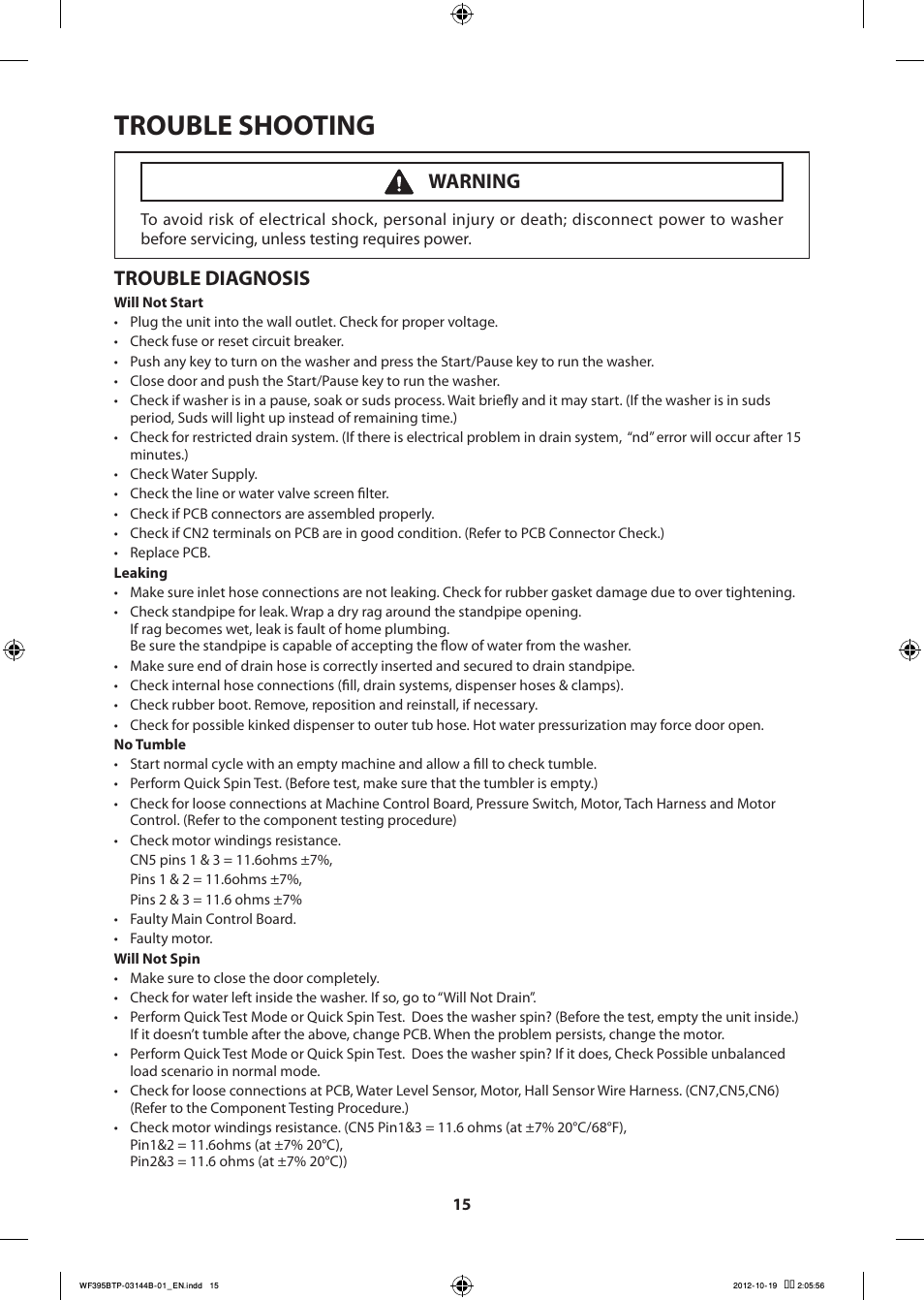 Trouble shooting, Trouble diagnosis, Warning | Samsung WF395BTPARA-A2 User Manual | Page 15 / 72