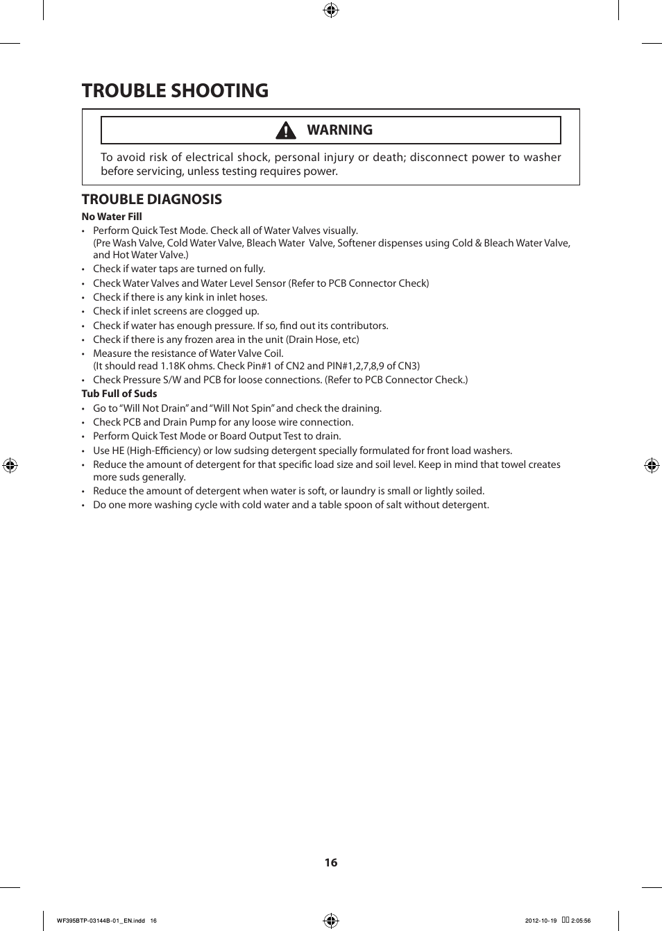 Trouble shooting, Trouble diagnosis, Warning | Samsung WF395BTPARA-A2 User Manual | Page 16 / 72