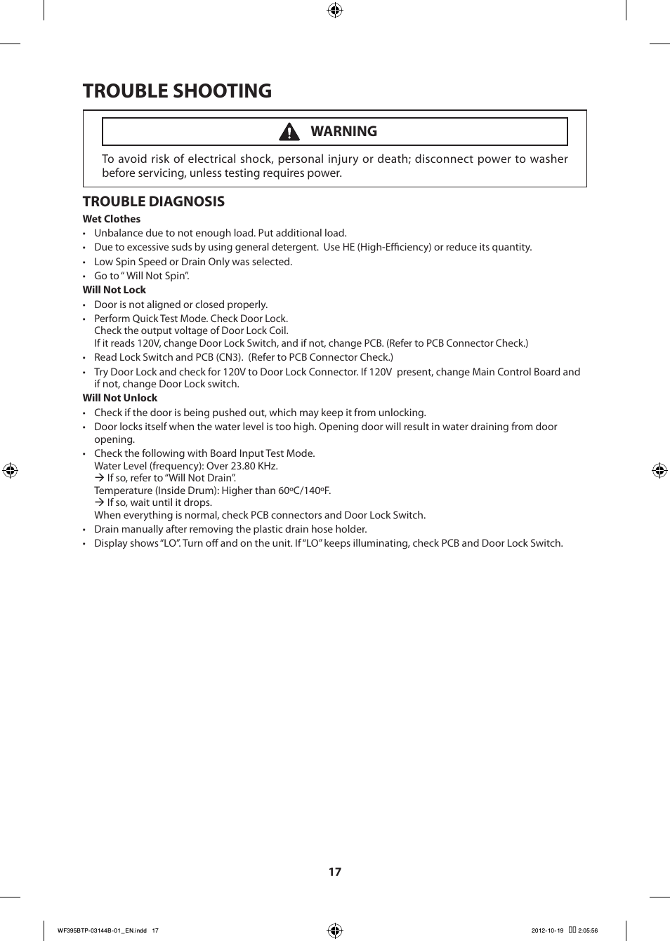 Trouble shooting, Trouble diagnosis, Warning | Samsung WF395BTPARA-A2 User Manual | Page 17 / 72