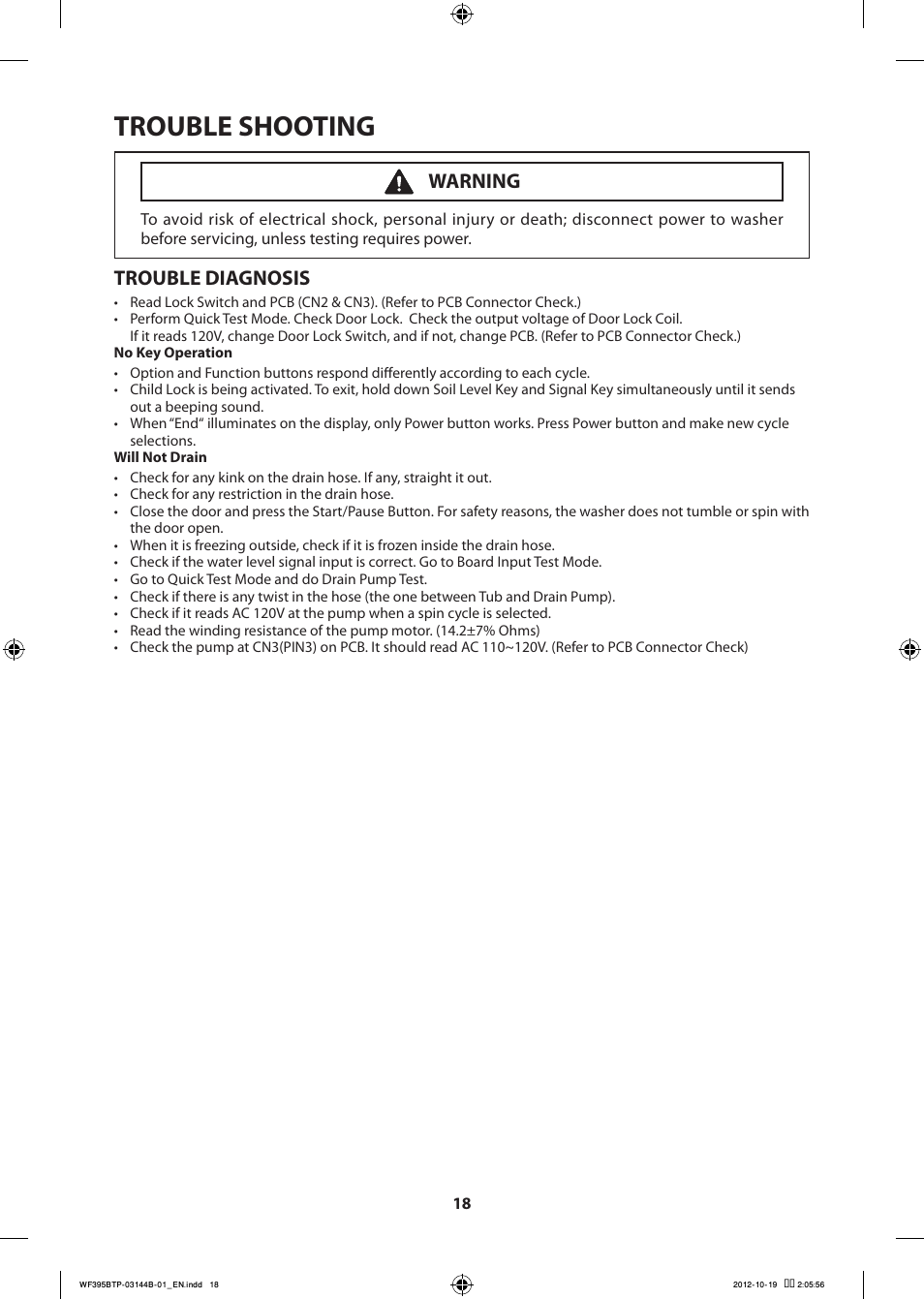 Trouble shooting, Trouble diagnosis, Warning | Samsung WF395BTPARA-A2 User Manual | Page 18 / 72