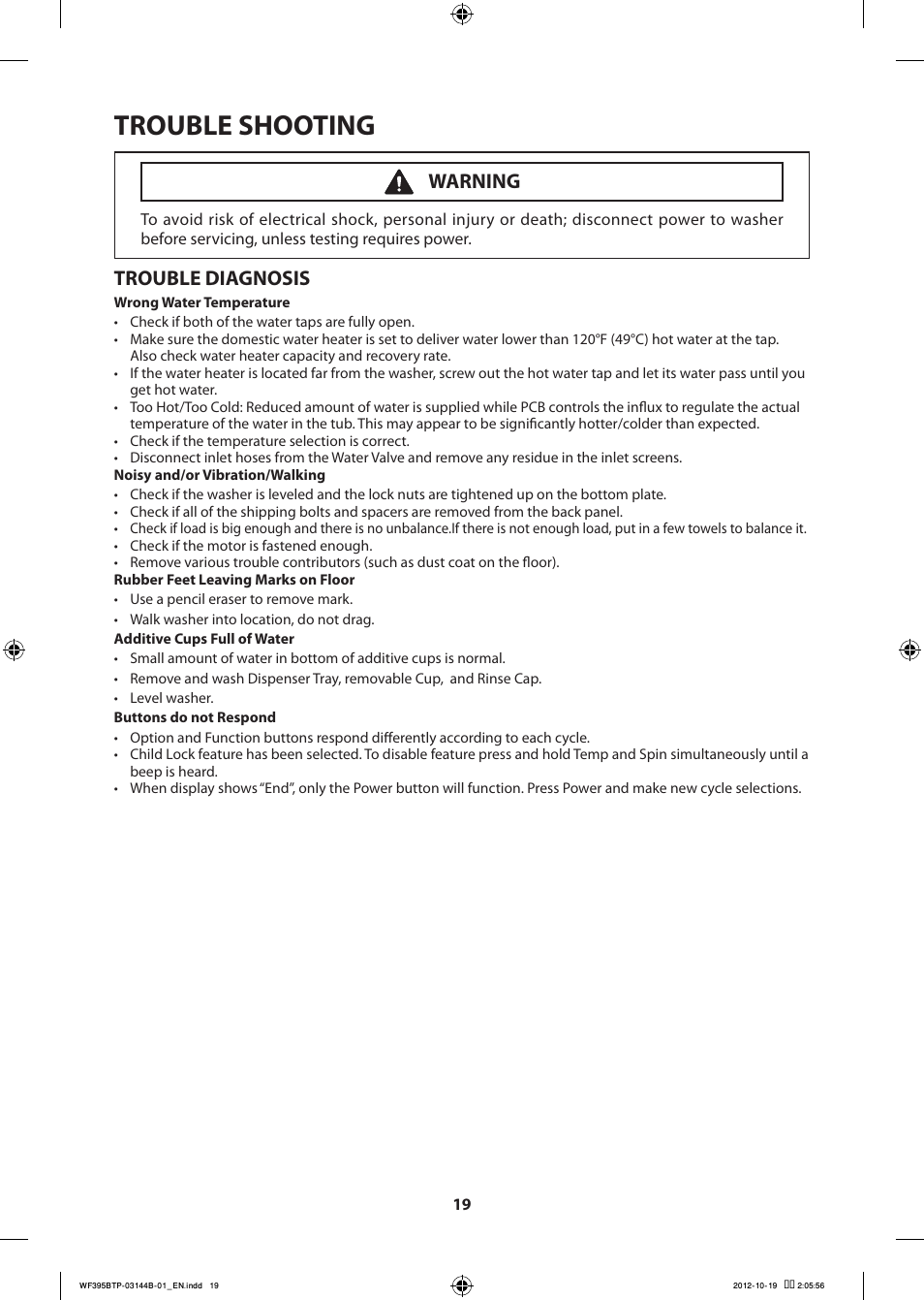 Trouble shooting, Trouble diagnosis, Warning | Samsung WF395BTPARA-A2 User Manual | Page 19 / 72