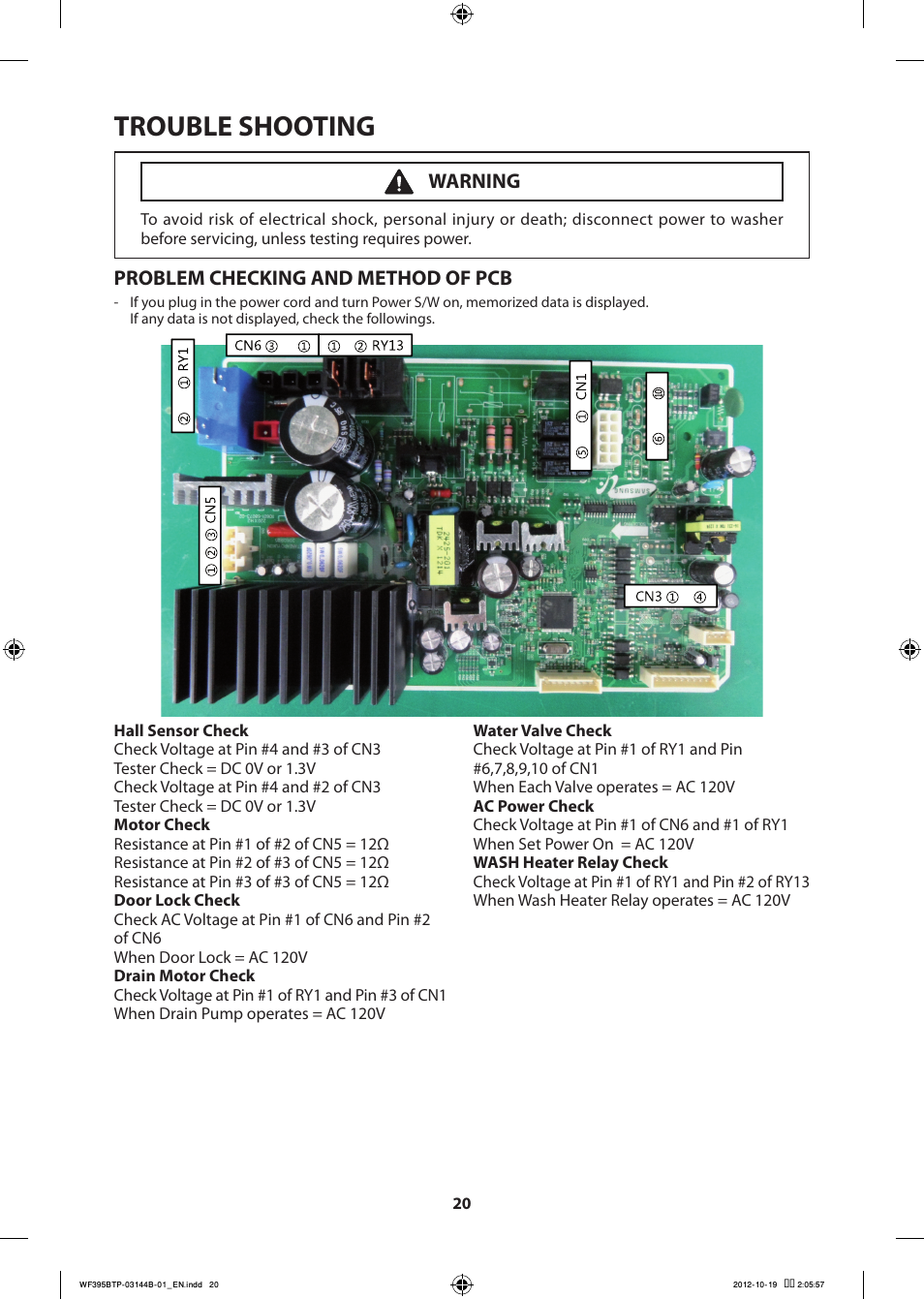 Trouble shooting, Problem checking and method of pcb, Warning | Samsung WF395BTPARA-A2 User Manual | Page 20 / 72