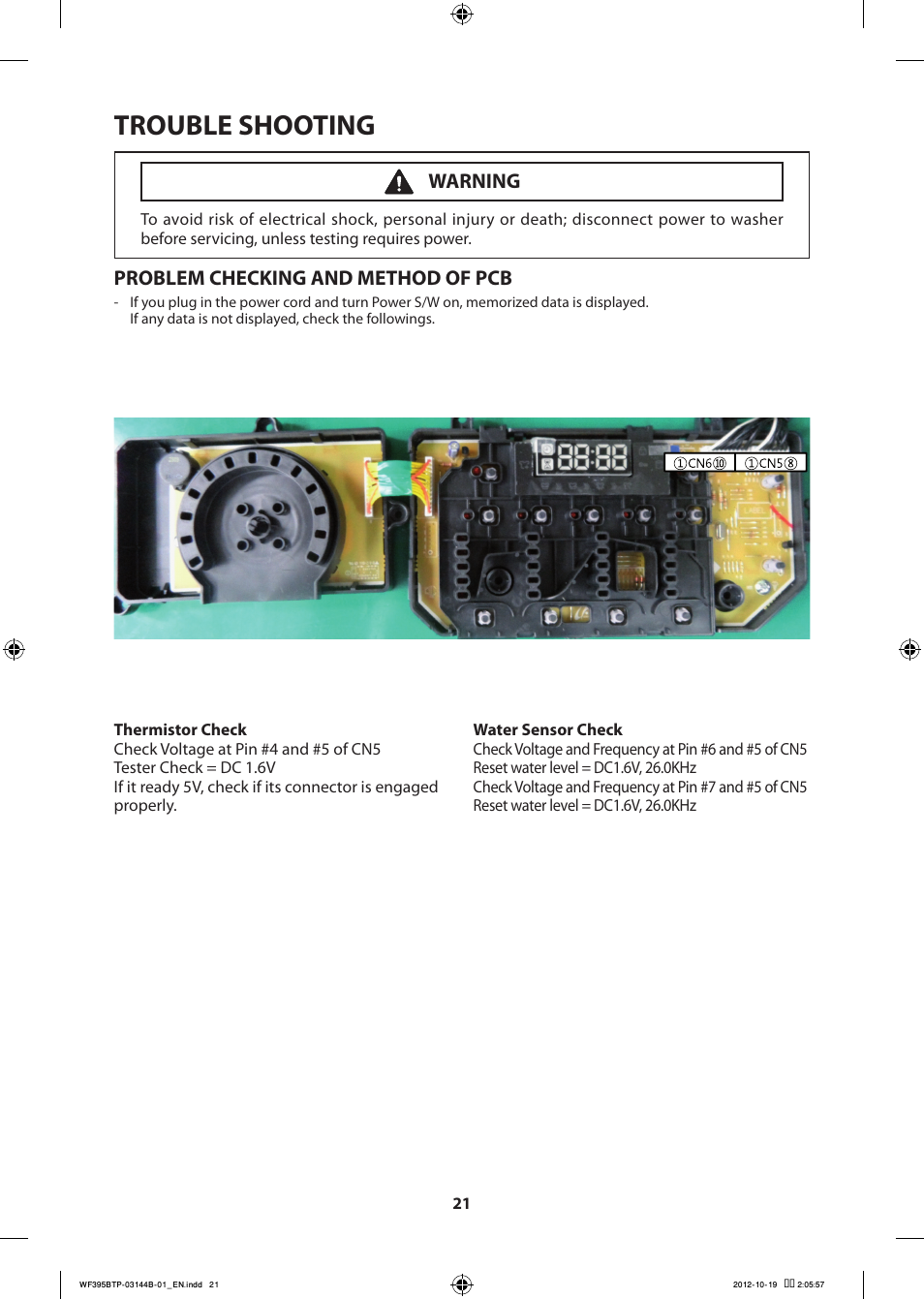 Trouble shooting, Problem checking and method of pcb, Warning | Samsung WF395BTPARA-A2 User Manual | Page 21 / 72